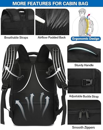 KLOSTAIN Bagage Cabine 40x20x25 pour Ryanair Sac à Dos Voyage Cabine Avion 20 L Femme Homme sous Siège Bagage à Main Petit Sac à Dos pour Ordinateur Portable 14 Pouces Noir – Image 5