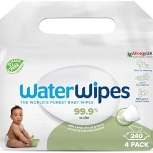 WaterWipes Lingettes Texturées Sans Plastique, 240 Unités (4 Paquets), Lingettes Pour Bébés et Jeunes Enfants, Lingettes à Base d'Eau à 99,9 %, Non Parfumées pour les Peaux Sensibles