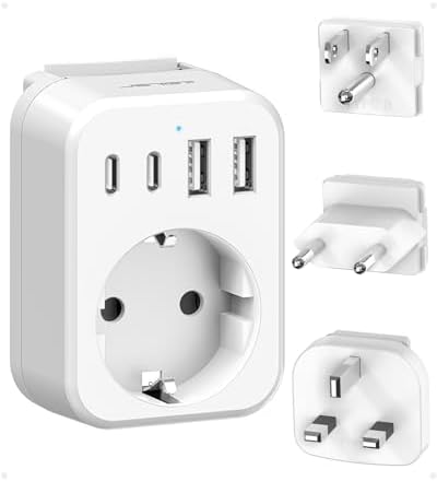 JSVER Adaptateur Prise Universelle, Adaptateur de Voyage vers USA/UK/Europe,Adaptateur Type B/G/C International avec 2 USB et 2 USB C 3680W Adaptateur Prise Irlande,USA, Canada,Singapore, HK