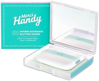 Merci Handy - Papier Matifiant Visage - 50 feuilles + 1 miroir + 1 houppette - Convient à tous types de peaux - Vegan