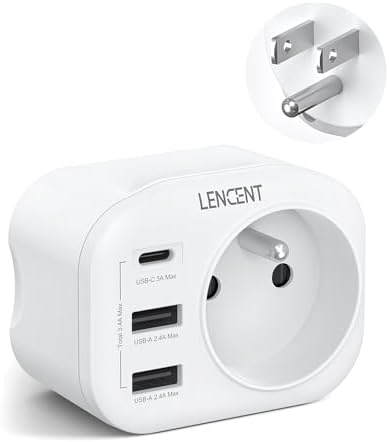LENCENT Adaptateur Prise USA Américaine Canada Mexique Thaïlande Adaptateur de Voyage 2 Ports USB et 1 Port USB-C adapté aux États-Unis, Adaptateur électrique Mâle USA/Femelle France, Type B