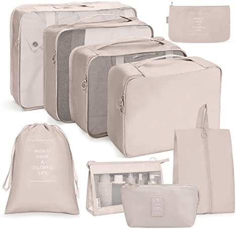 OSDUE Organisateur de Voyage, Lot de 9 Organiseurs de Bagage pour Voyage,Différents Tailles des Cubes Étanche Sacs de Voyage Rangement (Beige)