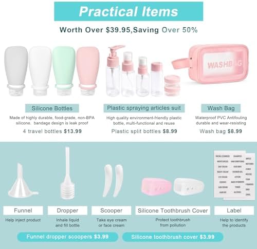 18 Pièces de Flacon Voyage, des Kit Voyage Produit Toilette Approuvés pour l'Aviation, Adaptés pour Le Shampooing, la Lotion, Le Revitalisant, Le Gel Douche, avec Trousse de Toilette Femme – Image 4