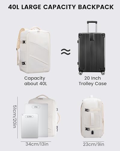 LOVEVOOK Sac à Dos Cabine Sac a Dos Voyage Valise Cabine Avion 55x35x25, 40L Bagage A Main Femme Homme Sac Ados Ordinateur 17 Pouces, Grand Sac Weekend Travel Backpack pour Travail École Loisir, Beige – Image 4