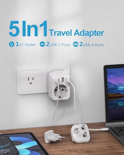 JSVER Adaptateur Prise Universelle, Adaptateur de Voyage vers USA/UK/Europe,Adaptateur Type B/G/C International avec 2 USB et 2 USB C 3680W Adaptateur Prise Irlande,USA, Canada,Singapore, HK – Image 3