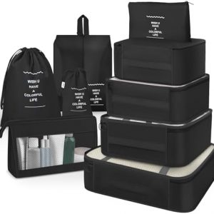 OBSGUMU Organisateur Valise, 9 Rangement Valise Set,Pochette Rangement pour Voyage Accessoires,Pochette de Rangement pour Voyage Avion(Noir)