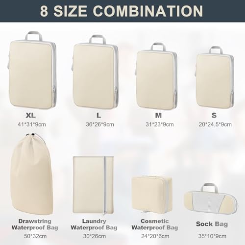 Lannvan Ensemble de 8 Organisateur Valise,Rangement Valise Organisateur Avec Compression,Organiseurs de Bagage,Packing Cubes Compression,Sacs de Rangement pour Rangement de Valise et Voyage,Beige – Image 2