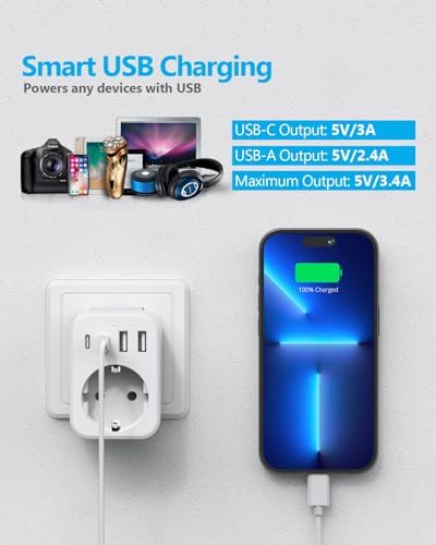 JSVER Adaptateur Prise Universelle, Adaptateur de Voyage vers USA/UK/Europe,Adaptateur Type B/G/C International avec 2 USB et 2 USB C 3680W Adaptateur Prise Irlande,USA, Canada,Singapore, HK – Image 5
