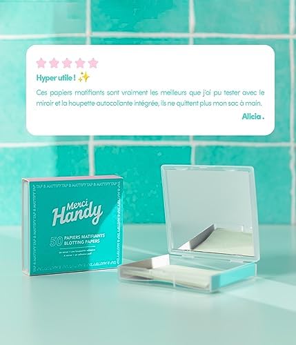 Merci Handy - Papier Matifiant Visage - 50 feuilles + 1 miroir + 1 houppette - Convient à tous types de peaux - Vegan – Image 7