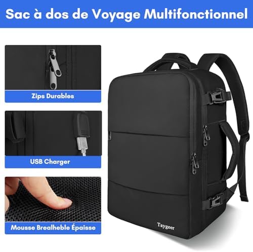 Taygeer Sac a Dos Voyage Cabine Avion, Bagage à Main 45x36x20 Easyjet, Sac à Dos pour Ordinateur Portable 15.6 pouces USB Charging Port, Sac a Dos Voyage Femme Homme Collège Affaire Scolaire, Noir – Image 5