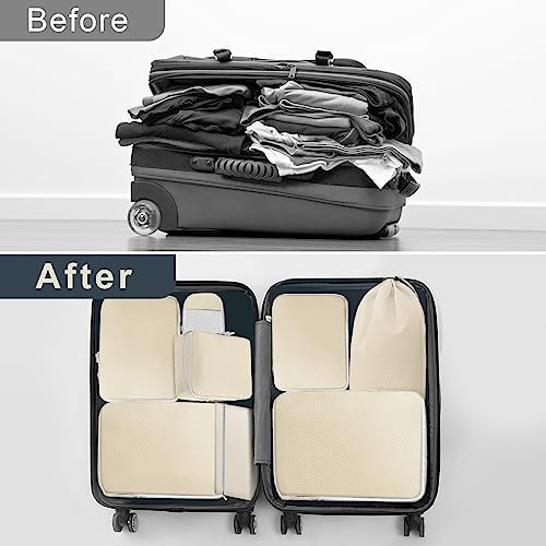 Lannvan Ensemble de 8 Organisateur Valise,Rangement Valise Organisateur Avec Compression,Organiseurs de Bagage,Packing Cubes Compression,Sacs de Rangement pour Rangement de Valise et Voyage,Beige – Image 7