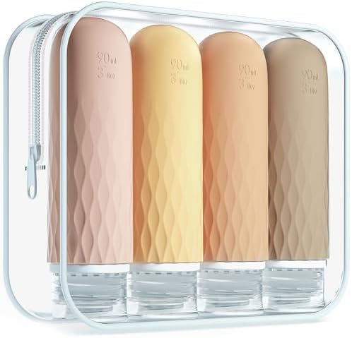 Gemice Flacons de Voyage en Silicone 90 ml, 4 Pack Flacons de Voyage à Remplir, Etanches, Flacons Cosmétiques à Remplir de Voyage, Récipient, Sans BPA, Approuvé par la FDA, Pour Remplir de Lotion
