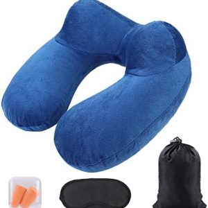 AiQInu Gonflable,Compact Coussin de Voyage avec Taie d'oreiller Lavable, avec Masque pour Dormir+ Bouchons d’Oreilles + Sac Transport,pour Avion et Train