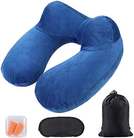 AiQInu Gonflable,Compact Coussin de Voyage avec Taie d'oreiller Lavable, avec Masque pour Dormir+ Bouchons d’Oreilles + Sac Transport,pour Avion et Train