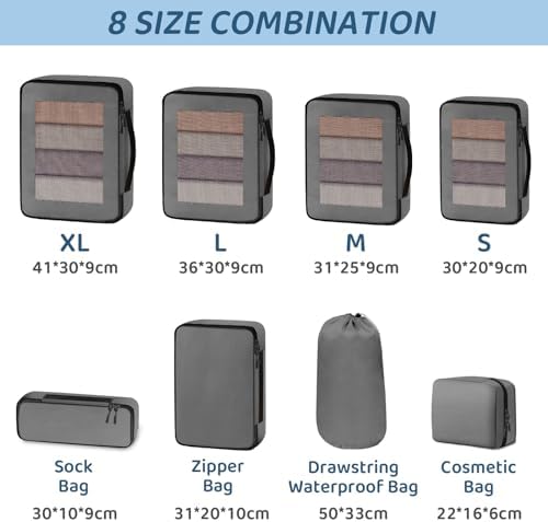 Otauoaea Organisateur Valise, Lot de 8 Rangement Valise Organisateur de Bagage pour Voyage, Sacs Rangement de Valise Voyage, Packing Cubes for Travel pour Vêtements, Chaussures et Cosmétiques, Gris – Image 3
