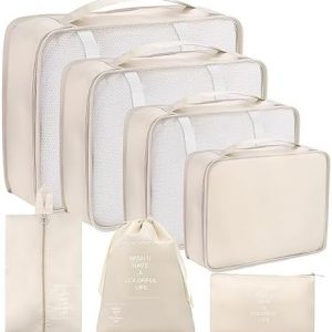 7 Pièces Organiseurs de Bagage pour Voyage, Organisateur Valise Packing Cubes, Voyage Imperméable Set, pour Vêtements Sous-vêtements, Chaussures et Cosmétiques(Beige)