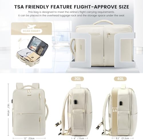 LOVEVOOK Sac à Dos Voyage Femme Homme Sac A Dos Cabine Avion extensible 25-35L Grand Sac à Dos Bagage à Main Sac à Dos Ordinateur Portable 17 Pouces Imperméable Sac Ados Beige – Image 3