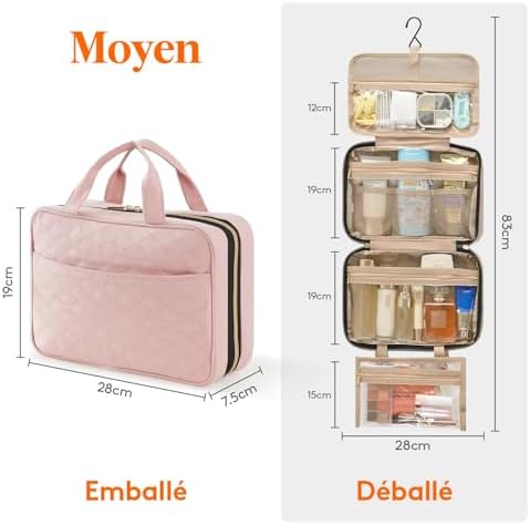 Lifewit Trousse de Toilette de Voyage, Grande Trousse de Maquillage Suspendue pour Femmes, Trousse de Cosmétique Transparente avec Crochet pour Bouteilles Pleines Tailles, Moyen, Rose – Image 3