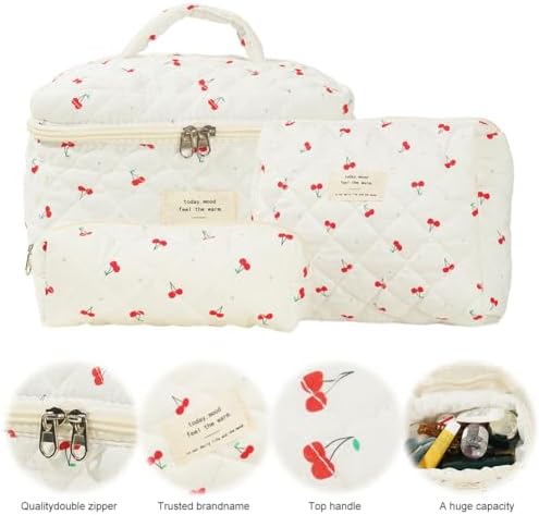Starnearby Lot de 3 Trousse de Toilette Matelassée Femme en Coton Doux, Trousse de Maquillage Fleurie, Pochette de Rangement Maquillage, Trousse de Beauté, Trousse Cosmétique Voyage – Image 3
