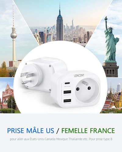 LENCENT Adaptateur Prise USA Américaine Canada Mexique Thaïlande Adaptateur de Voyage 2 Ports USB et 1 Port USB-C adapté aux États-Unis, Adaptateur électrique Mâle USA/Femelle France, Type B – Image 2