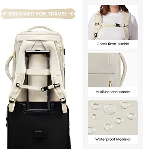 LOVEVOOK Sac à Dos Voyage Femme Homme Sac A Dos Cabine Avion extensible 25-35L Grand Sac à Dos Bagage à Main Sac à Dos Ordinateur Portable 17 Pouces Imperméable Sac Ados Beige – Image 5