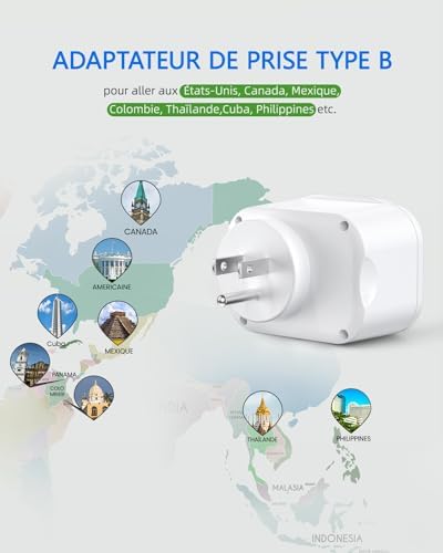 LENCENT Adaptateur Prise USA Américaine Canada Mexique Thaïlande Adaptateur de Voyage 2 Ports USB et 1 Port USB-C adapté aux États-Unis, Adaptateur électrique Mâle USA/Femelle France, Type B – Image 3
