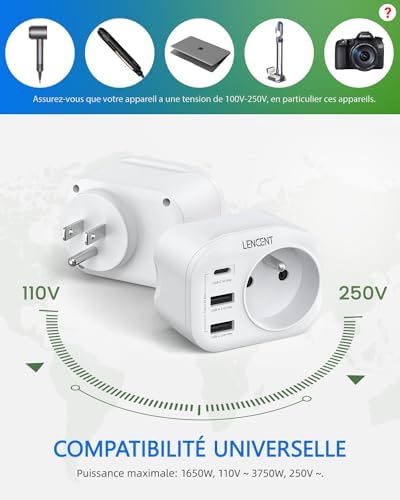 LENCENT Adaptateur Prise USA Américaine Canada Mexique Thaïlande Adaptateur de Voyage 2 Ports USB et 1 Port USB-C adapté aux États-Unis, Adaptateur électrique Mâle USA/Femelle France, Type B – Image 5