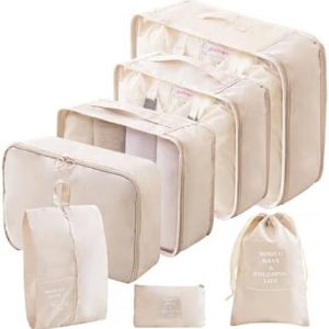 Bieiyhe Lot de 9 Sac Organisateur Valise, Pochette Rangement Valise Organiseurs de Bagages de Voyage, Packing Cubes for Travel, Compartiment Valise Organisation, Suitcase Organizer Imperméable, Beige