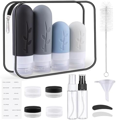Revivoer Flacons de Voyage en Silicone, Flacon Voyage Rechargeable et Étanche Contenant Voyage Set de Bouteilles de Voyage 16 Pièces avec Trousse de Toilette (Gris)
