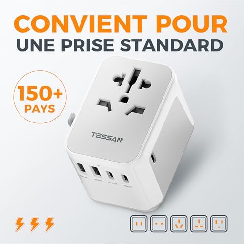 TESSAN Adaptateur Prise Universelle, Adaptateur Universel de Voyage avec 2 USB et 3 Type C, International Voyage Accessoires France vers USA Anglaise Thailande Australie Chine Japon – Image 6