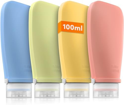 Travely flacon voyage silicone 100ml - 4 Pièces Contenant Voyage - format voyage, recipient voyage, bouteille de voyage, travel bottles, travel essentials
