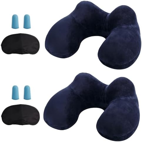 LUZWAY Oreiller de Voyage Gonflable avec Double Vanne,Coussin de Cou Gonflable de Velours Doux et Housse Lavable avec Bouchon d'oreille et Masque pour Les Yeux