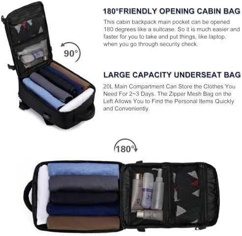 EZUOLA Baggage Cabine 40x20x25 pour Ryanair Sac à Dos Voyage Cabine Avion 20L Bagage à Main Sac à Dos Ordinateur Portable 14 Pouces avec USB Charging Port Homme Femme Sous Siège Bagages,Noir – Image 5