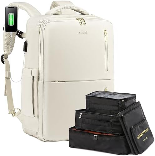LOVEVOOK Sac à Dos Voyage Femme Homme Sac A Dos Cabine Avion extensible 25-35L Grand Sac à Dos Bagage à Main Sac à Dos Ordinateur Portable 17 Pouces Imperméable Sac Ados Beige
