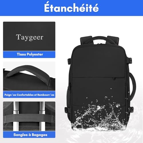 Taygeer Sac a Dos Voyage Cabine Avion, Bagage à Main 45x36x20 Easyjet, Sac à Dos pour Ordinateur Portable 15.6 pouces USB Charging Port, Sac a Dos Voyage Femme Homme Collège Affaire Scolaire, Noir – Image 4