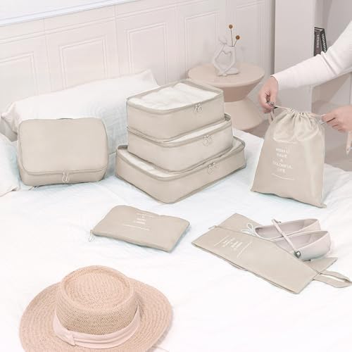 Bieiyhe Lot de 9 Sac Organisateur Valise, Pochette Rangement Valise Organiseurs de Bagages de Voyage, Packing Cubes for Travel, Compartiment Valise Organisation, Suitcase Organizer Imperméable, Beige – Image 7