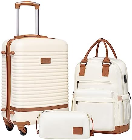 Ensemble de valises Coolife, 3 pièces, bagages à main, serrure TSA, roulettes pivotantes, coque rigide, bagages légers (blanc, ensemble de 3 pièces (BP/TB/20))