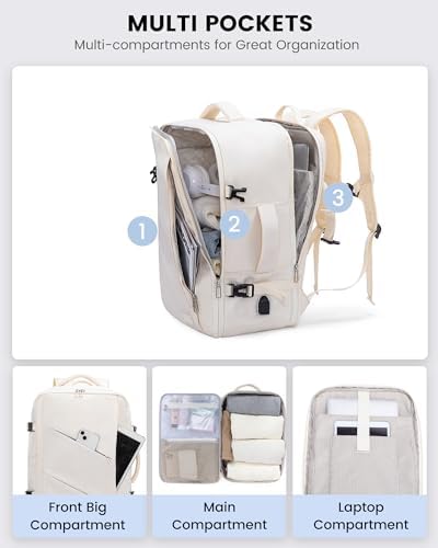 LOVEVOOK Sac à Dos Cabine Sac a Dos Voyage Valise Cabine Avion 55x35x25, 40L Bagage A Main Femme Homme Sac Ados Ordinateur 17 Pouces, Grand Sac Weekend Travel Backpack pour Travail École Loisir, Beige – Image 2