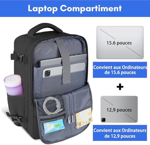 Taygeer Sac a Dos Voyage Cabine Avion, Bagage à Main 45x36x20 Easyjet, Sac à Dos pour Ordinateur Portable 15.6 pouces USB Charging Port, Sac a Dos Voyage Femme Homme Collège Affaire Scolaire, Noir – Image 3