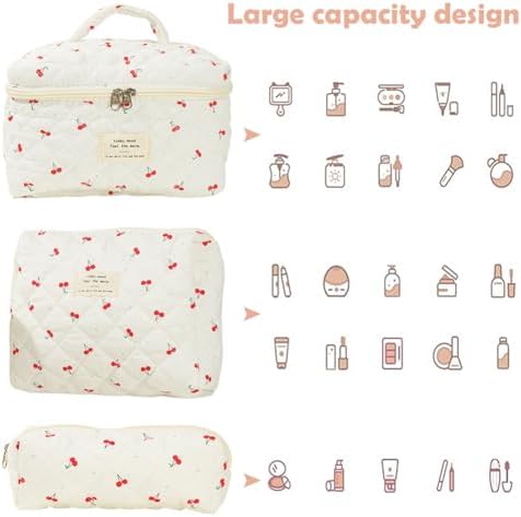 Starnearby Lot de 3 Trousse de Toilette Matelassée Femme en Coton Doux, Trousse de Maquillage Fleurie, Pochette de Rangement Maquillage, Trousse de Beauté, Trousse Cosmétique Voyage – Image 4
