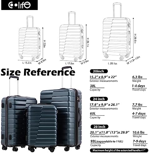 Valise extensible Coolife en polycarbonate ABS avec système TSA, 3 pièces, cadenas, spinner, bagage à main (bleu sarcelle) – Image 7