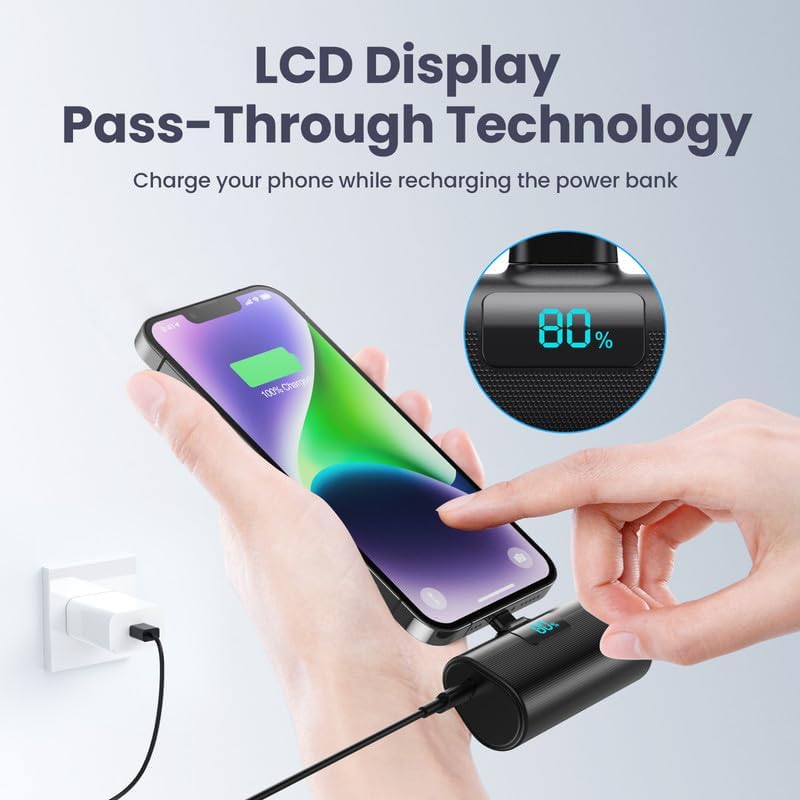Mini Batterie Externe pour iPhone 5200mAh, Power Bank Ultra-Compact et Léger 20W PD Charge Rapide Chargeur Externe avec Écran LCD, Petit Batterie Portable Compatible avec iPohone 14/13/12/11/XR/X/8/SE – Image 6