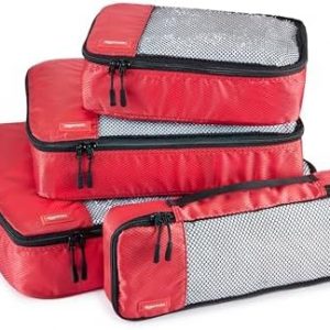 Amazon Basics Cubes d'emballage pour Valise, Organisateurs de Voyage, Fermeture Éclair, Lot de 4, Grandes, Moyennes, Petites et Minces, Rouge