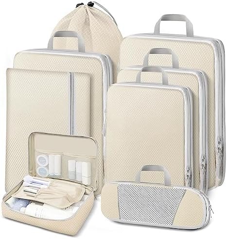 Lannvan Ensemble de 8 Organisateur Valise,Rangement Valise Organisateur Avec Compression,Organiseurs de Bagage,Packing Cubes Compression,Sacs de Rangement pour Rangement de Valise et Voyage,Beige