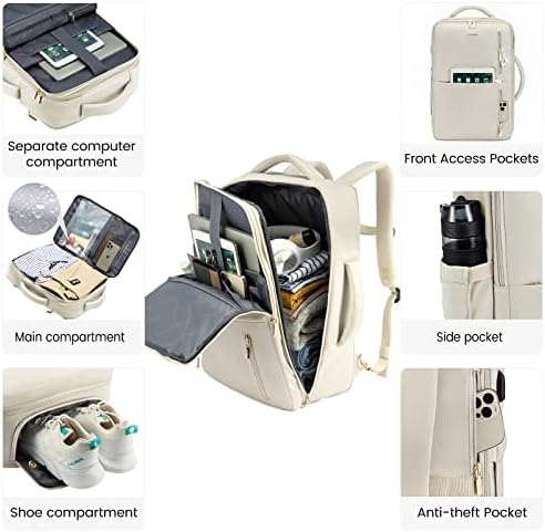 LOVEVOOK Sac à Dos Voyage Femme Homme Sac A Dos Cabine Avion extensible 25-35L Grand Sac à Dos Bagage à Main Sac à Dos Ordinateur Portable 17 Pouces Imperméable Sac Ados Beige – Image 4