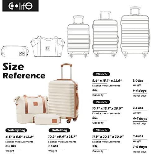 Ensemble de valises Coolife 3 pièces, valises rigides avec serrure TSA et roulettes pivotantes (blanc, S (50,8 cm)) – Image 7