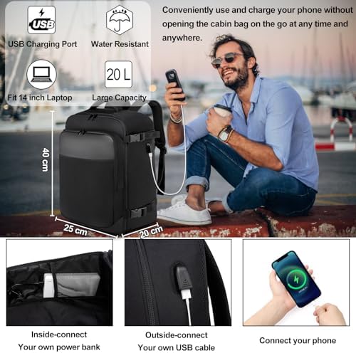 EZUOLA Baggage Cabine 40x20x25 pour Ryanair Sac à Dos Voyage Cabine Avion 20L Bagage à Main Sac à Dos Ordinateur Portable 14 Pouces avec USB Charging Port Homme Femme Sous Siège Bagages,Noir – Image 6