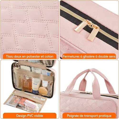 Lifewit Trousse de Toilette de Voyage, Grande Trousse de Maquillage Suspendue pour Femmes, Trousse de Cosmétique Transparente avec Crochet pour Bouteilles Pleines Tailles, Moyen, Rose – Image 5
