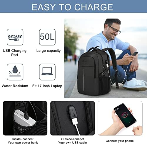 Sac à Dos Ordinateur Portable 17.3 Pouces,50L Sac à Dos de Voyage Grande Homme Femme Antivol Imperméable avec USB Charging Port PC Portable pour Loisir, Scolaire,Affaire Noir – Image 2