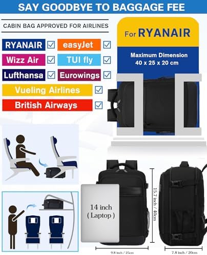 KLOSTAIN Bagage Cabine 40x20x25 pour Ryanair Sac à Dos Voyage Cabine Avion 20 L Femme Homme sous Siège Bagage à Main Petit Sac à Dos pour Ordinateur Portable 14 Pouces Noir – Image 2